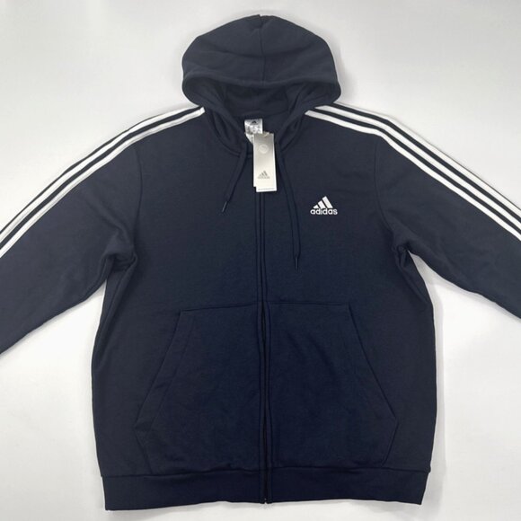 Adidas Hooded Track Jacket Mens 2XL Blue Full Zip Pockets Knit 3 Stripes Gym NEW - Picture 1 of 14